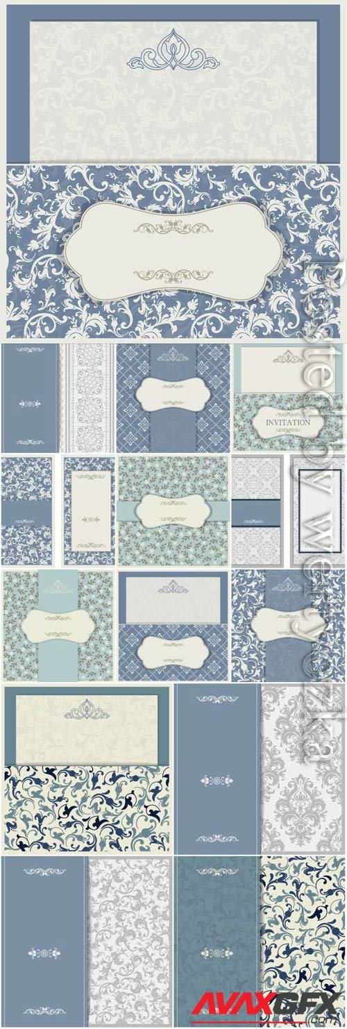 Wedding invitation cards with blue patterns in vector