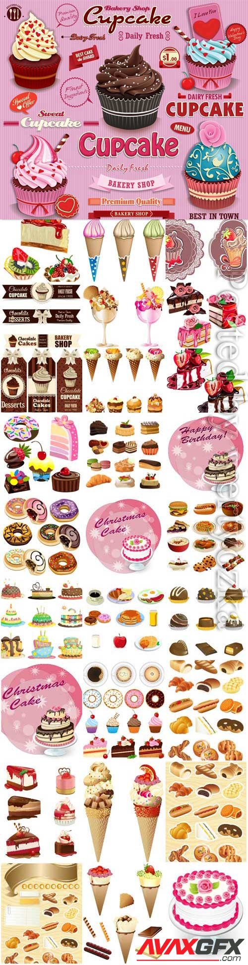 Desserts, ice cream cakes and various sweets in vector