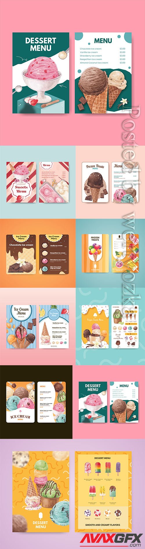 Menu template with ice cream flavor concept, vector watercolor style