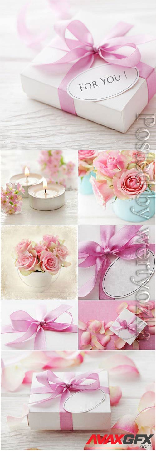 Romantic backgrounds with gift box candles and roses stock photo