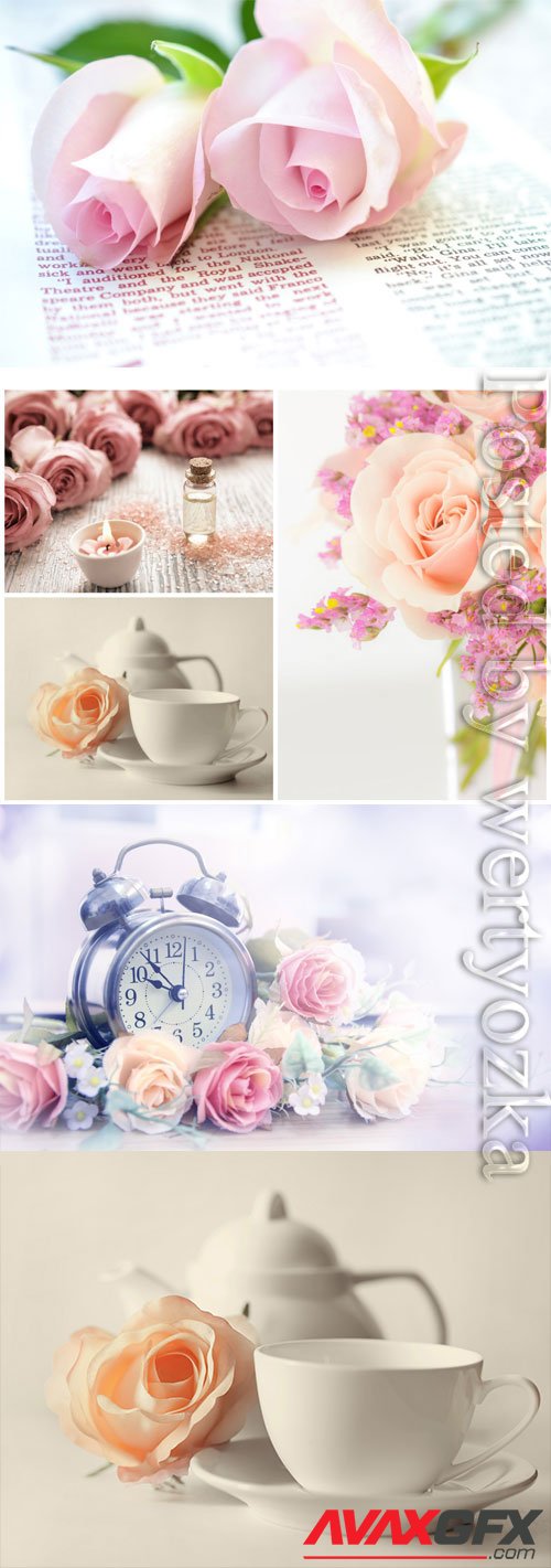 Romantic backgrounds with clocks and roses stock photo
