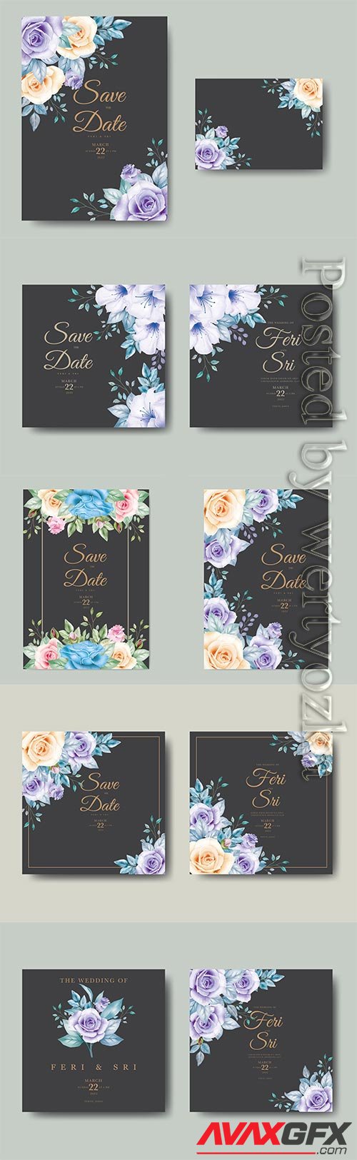 Wedding invitation card with floral watercolor vector design
