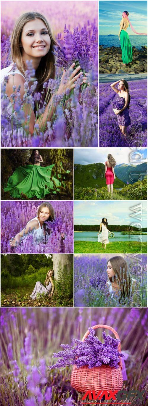 Girls outdoors, lavender field stock photo