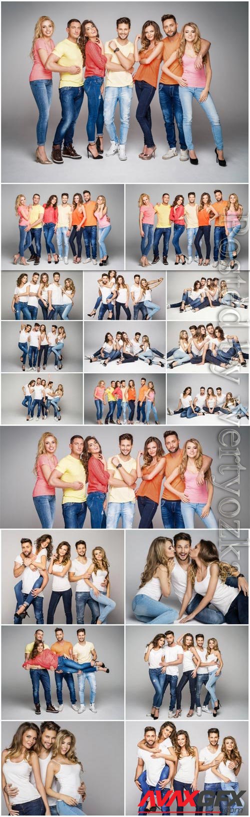 Stylish men and girls in jeans stock photo