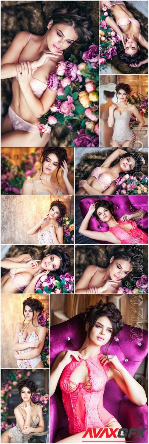 Girl in lingerie among flowers stock photo