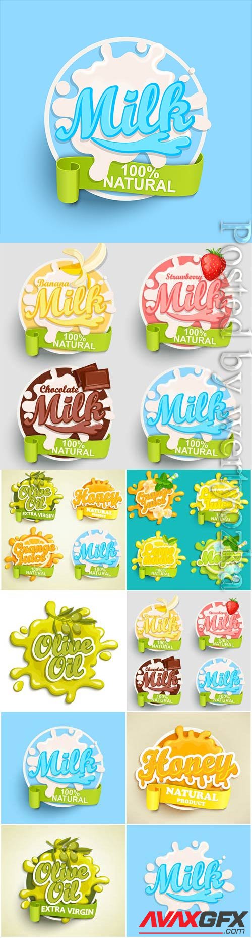 Fresh juice and milk stickers and labels in vector