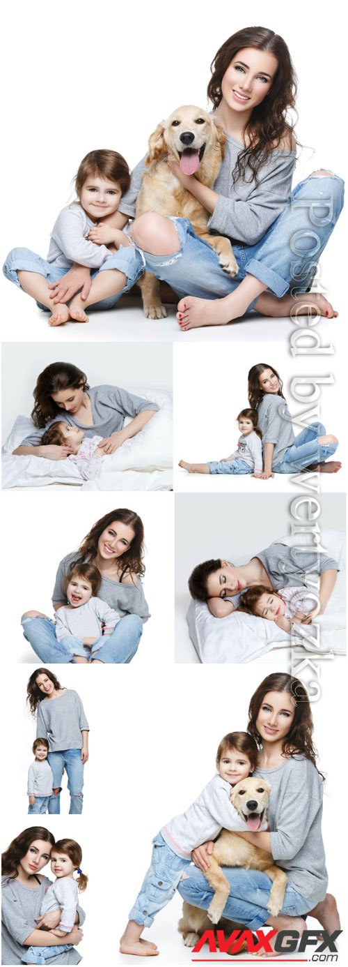 Young woman with baby and dog stock photo