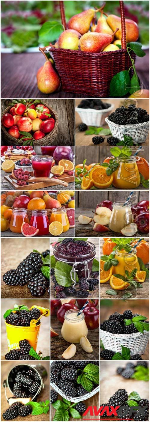 Fresh fruits berries and juices stock photo