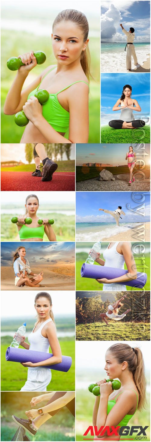 Girls doing sports in nature stock photo