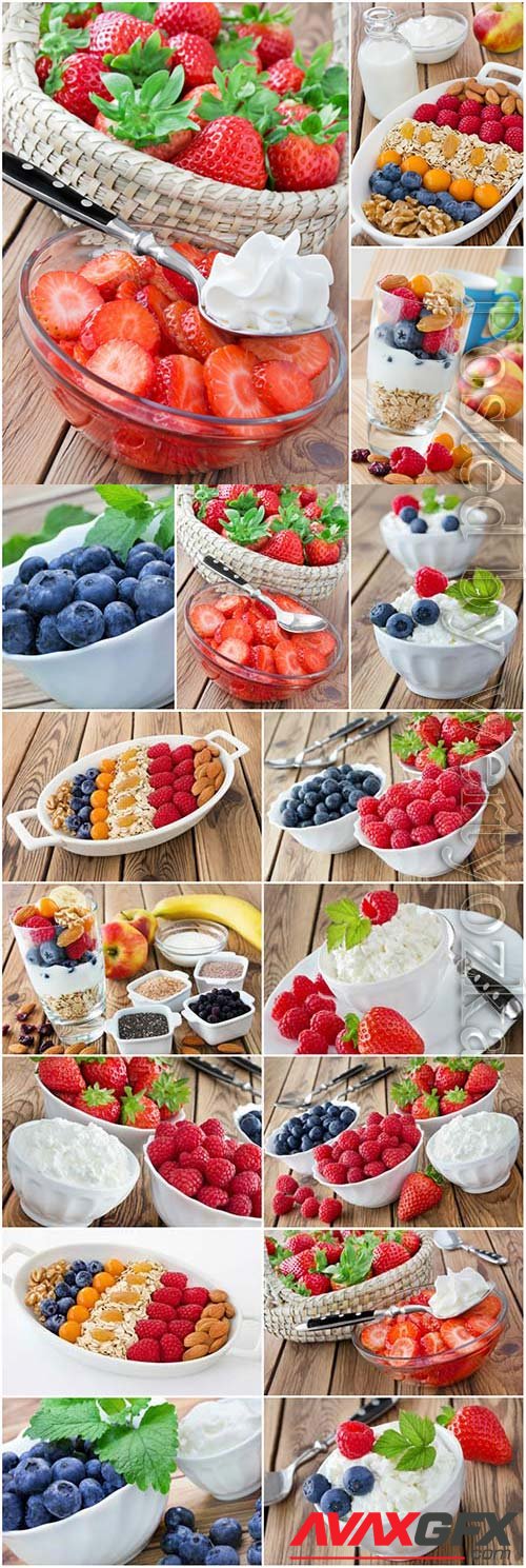 Strawberries raspberries blueberries, healthy breakfast stock photo