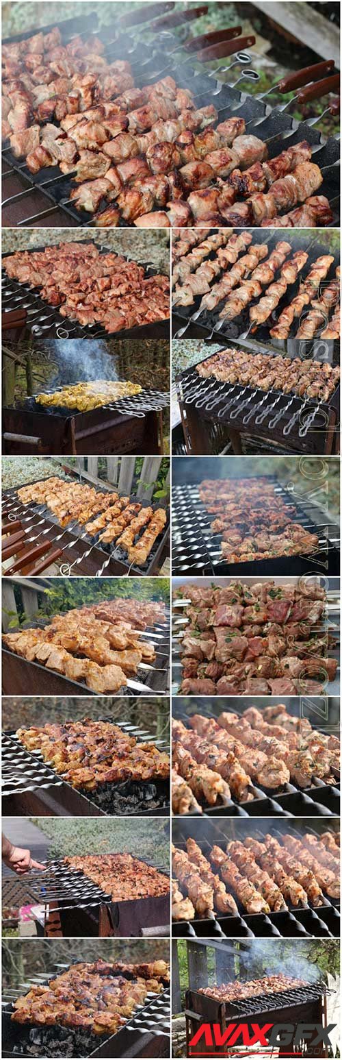 Roasted kebabs on the grill stock photos