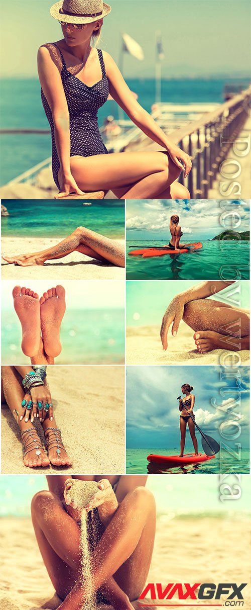 Girl on the sand by the sea stock photo