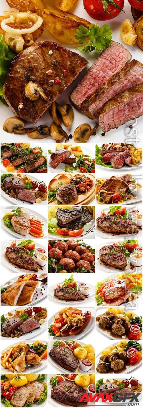 Meat dishes with garnish on white background stock photo