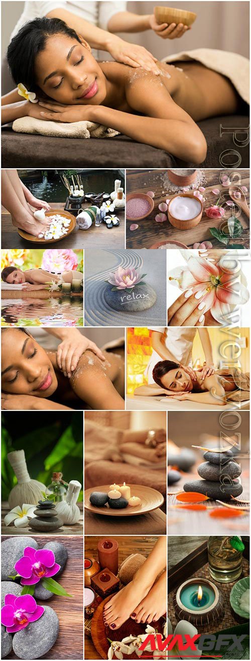 Spa composition and women on massage stock photo