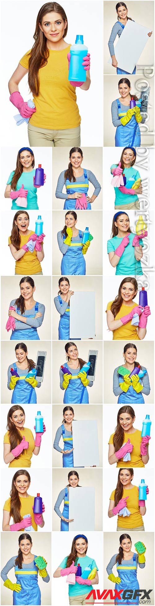 Cleaning service, girl with cleaning products stock photo