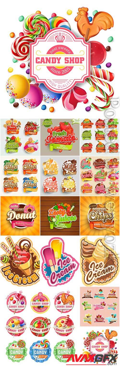 Stickers and labels with ice cream and sweets in vector