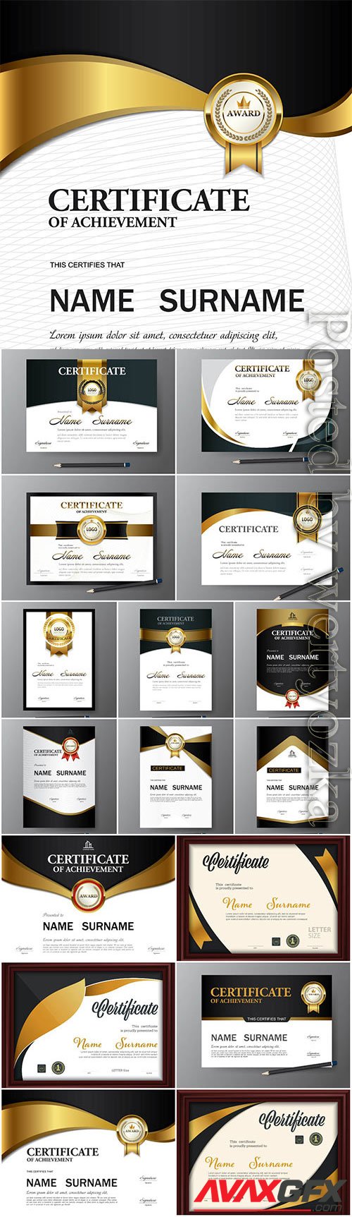 Diplomas and certificates with gold design in vector