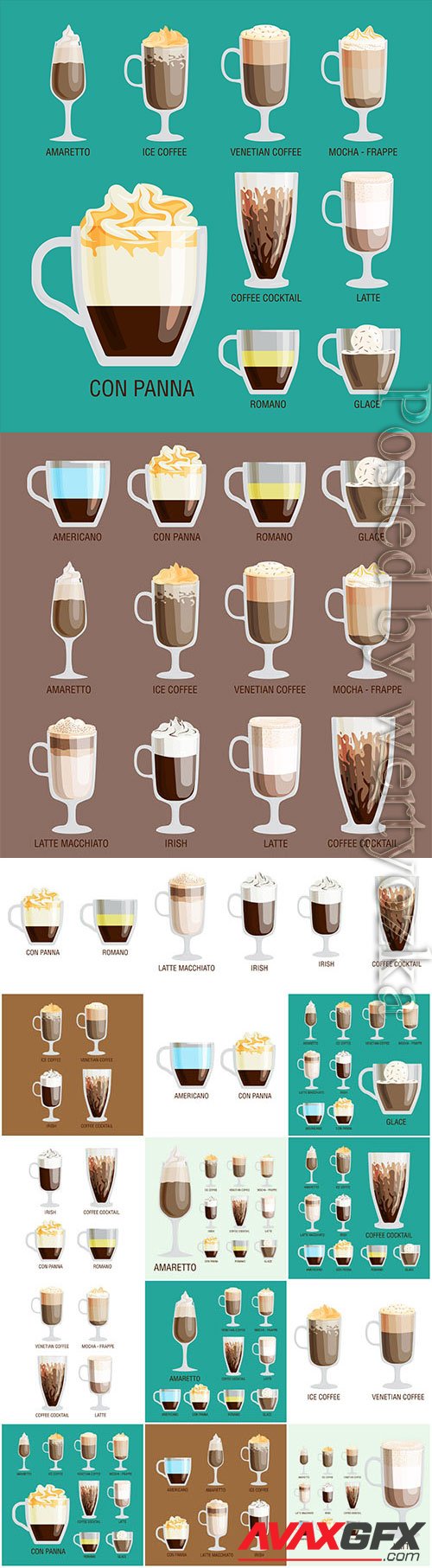 Coffee and coffee drinks in assortment in vector