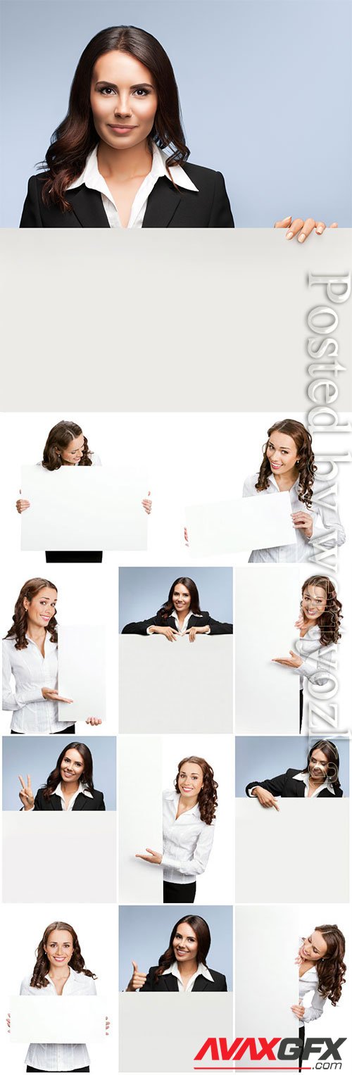 Young business women holding placards stock photo