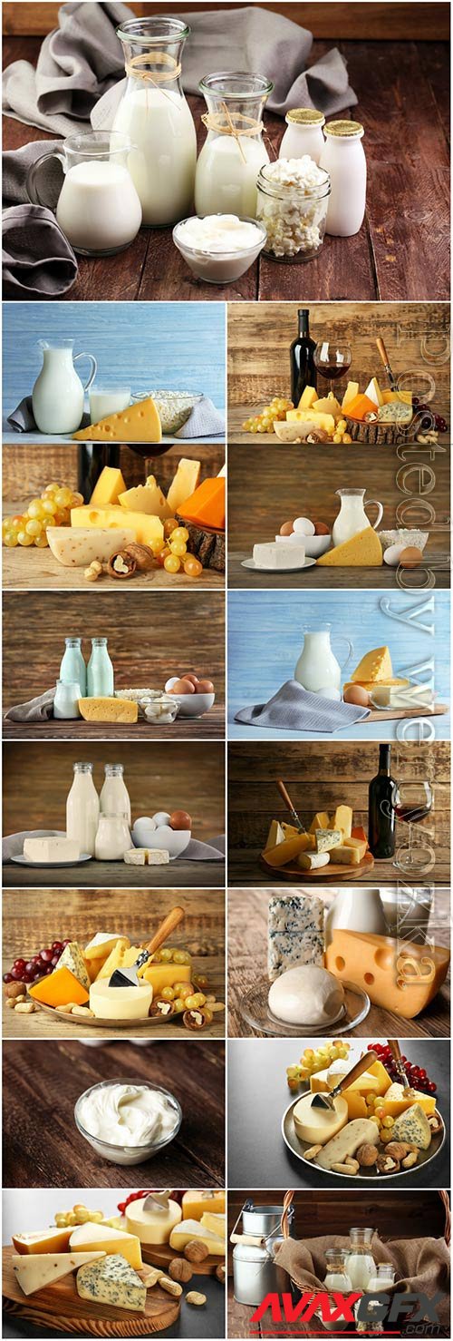 Milk, cheese, cottage cheese, eggs stock photo