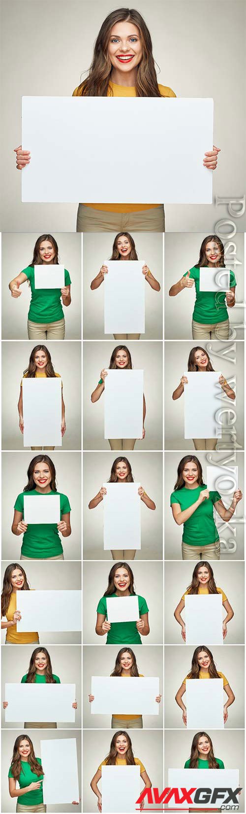 Smiling girl holding white placard stock photo