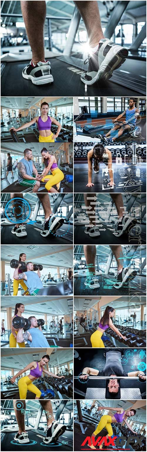 Exercise in the gym, sports people stock photo