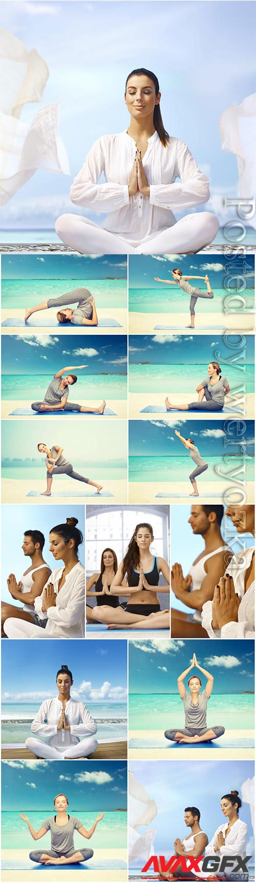 Men and women doing yoga by the sea stock photo