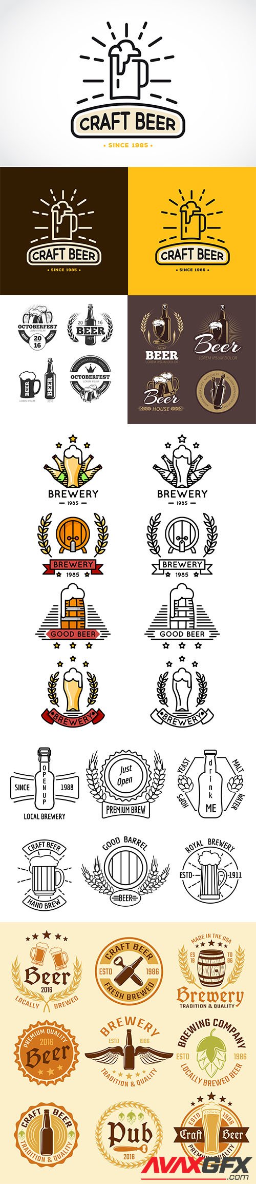 Vintage beer brewery vector emblems, labels, badges, logos set