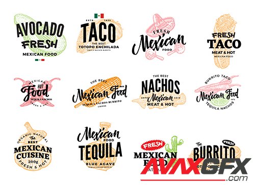 Hand-drawn mexican food logos