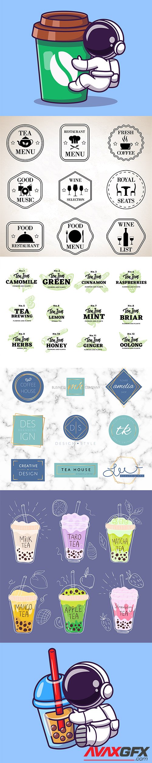 Hand-drawn coffee and tea logos set