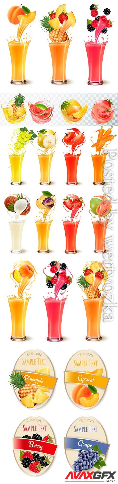 Fresh fruit and berry juices in vector