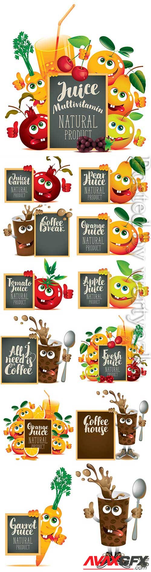 Cartoon fruits with blackboard for text in vector