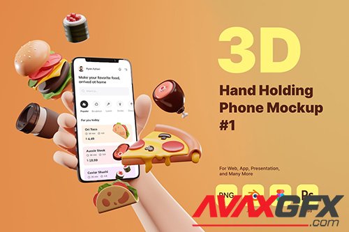 3D Hand Holding Phone Mockup for Food Industry Q6KJPKM