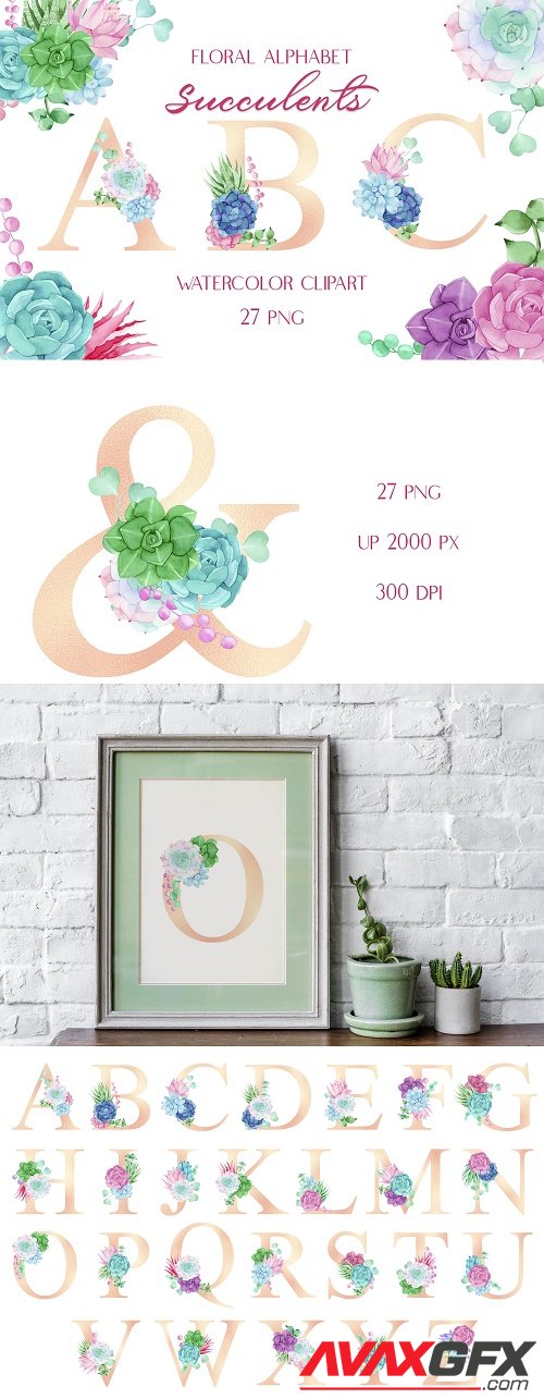 Watercolor Pink Gold Alphabet with Colorful Succulents - 1486599