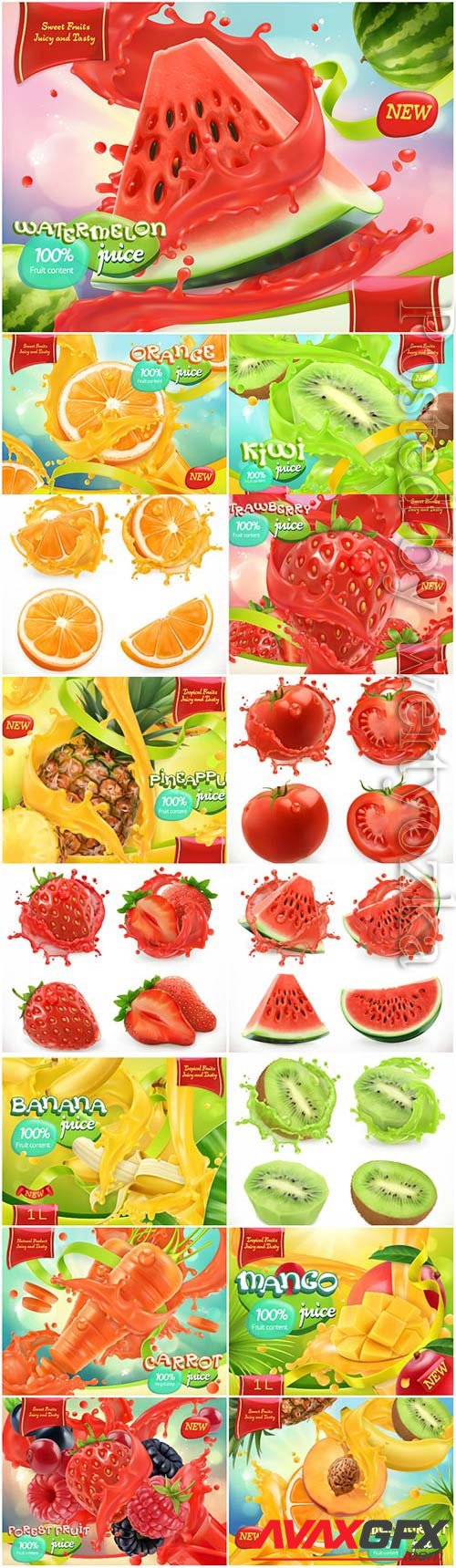 Fresh juices and fruits with berries in vector