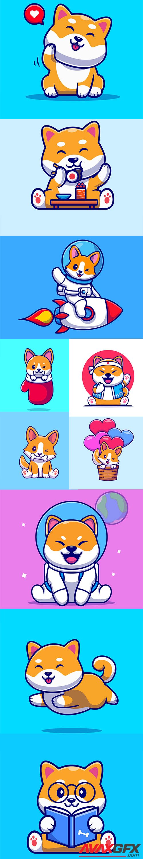 Cute shiba inu dog cartoon illustration set