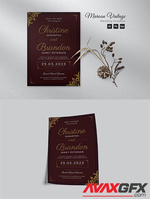 Maroon Vintage Wedding Invitation VTUWDGD