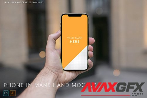 iPhone 12 Pro in Mans Hand Mockup with Bokeh PFZLUGP PSD