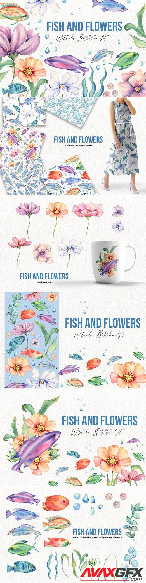 Fishes and Flowers Illustration Set - 6364609
