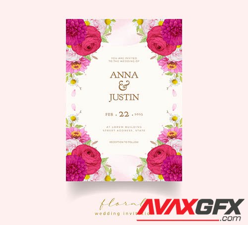 Elegant wedding invitations with dark pink watercolor flowers