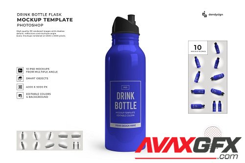 Drinking Bottle Flask 3D Mockup Template Bundle - 1511793