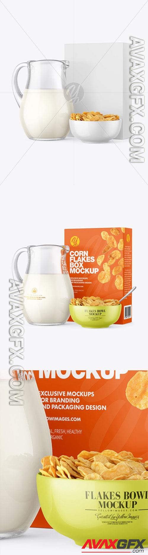 Glass Milk Jug and Bowl with Corn Flakes Mockup 86588 TIF