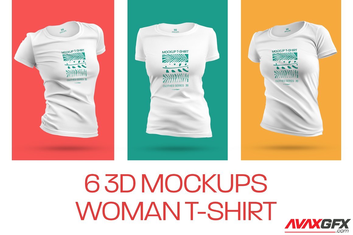 CreativeMarket - 6 3D Mockups Woman T-Shirt 6324578