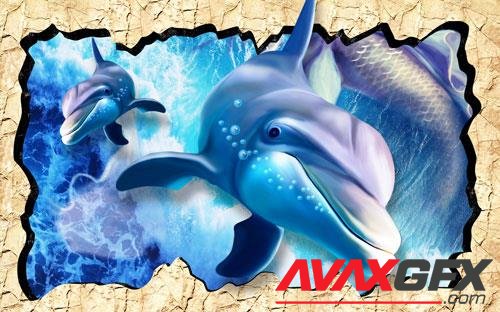 3d dolphins underwater world hole wall custom mural