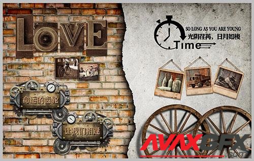 Vintage wooden plank love nostalgic wheel background wall