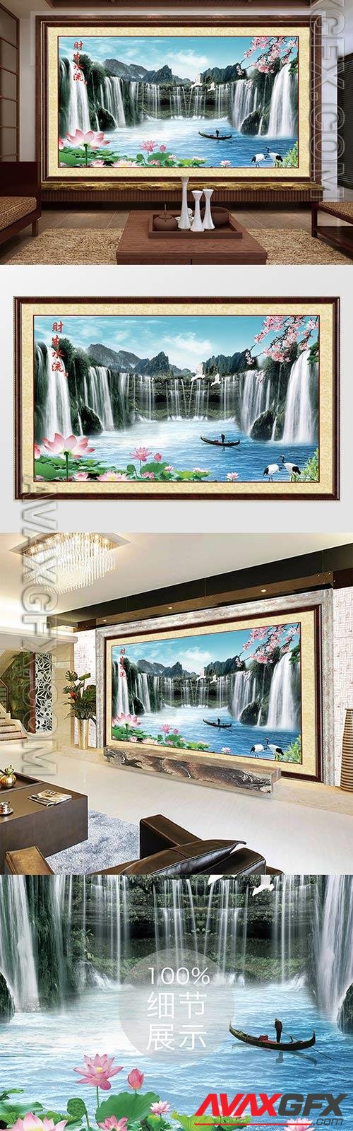 Chinese style framed water and wealthy waterfall lotus white crane tv background