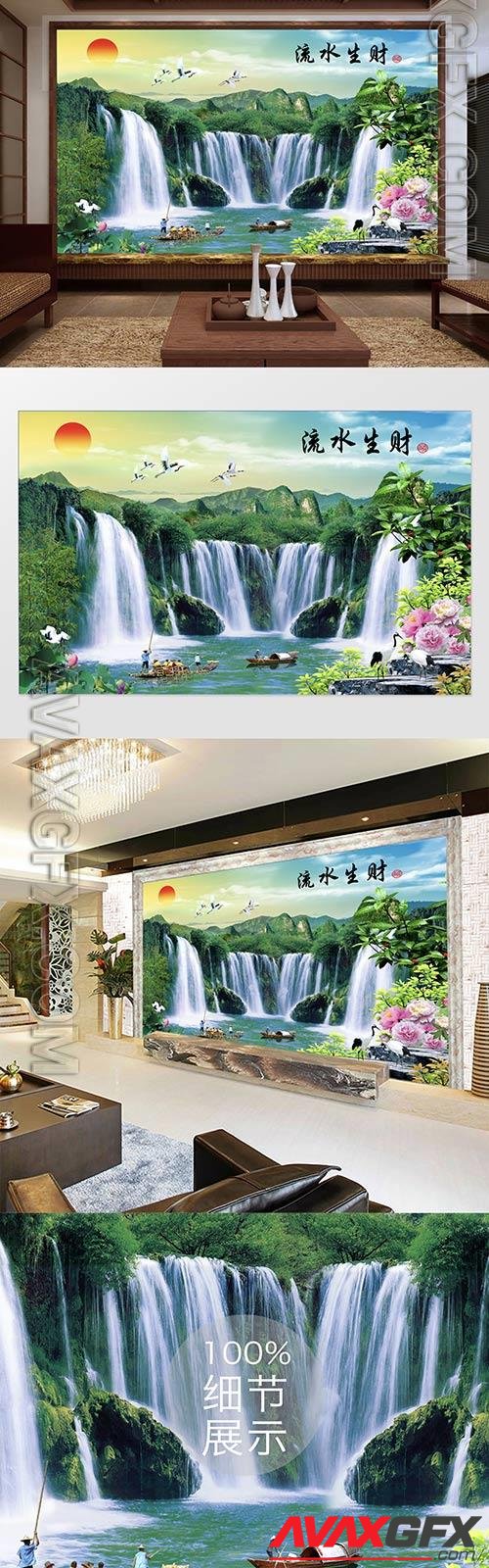 Chinese style water and wealthy white crane fisherman waterfall tv background wall