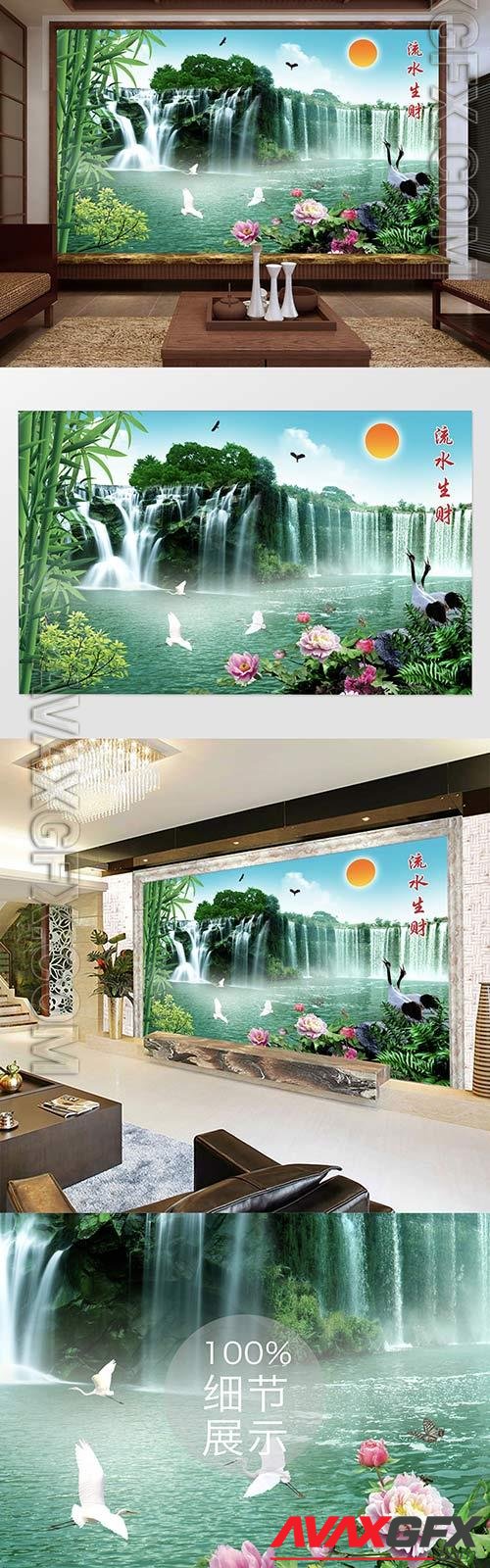 Water and wealth pine crane bamboo tree waterfall tv background wall