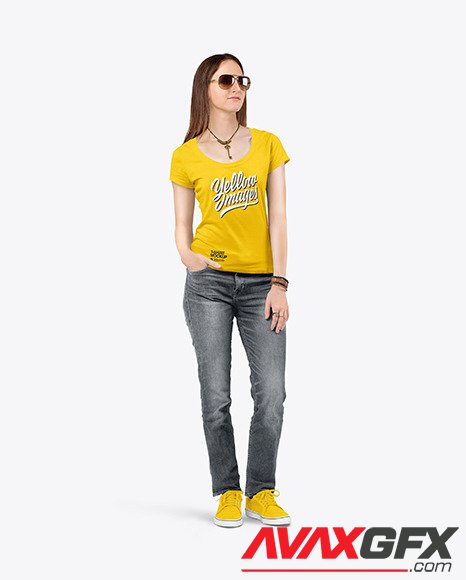 Woman in a Crew Neck T-Shirt & Jeans Mockup 83850