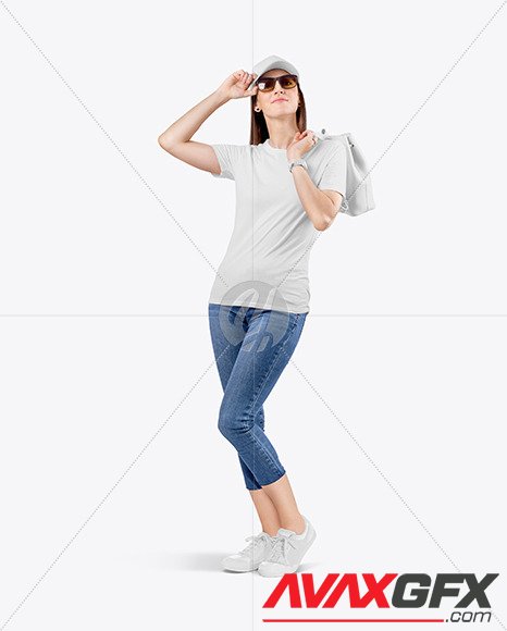 Woman in a Crew Neck T-Shirt & Jeans Mockup 83852